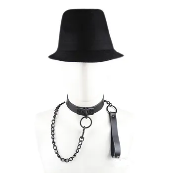 

Genuine Leather Novelty Collar Necklace With Metal Chain Leash For Adults Games To Cosplay Bondage,Sexy Neck Ring For Men Women