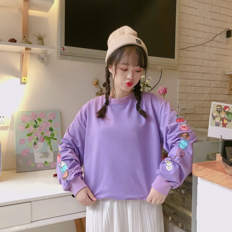 Ulzzang корейская мода мультфильм печати пуловер для женщин осень и зима Топы Harajuku Kawaii милые свободные школьницы Толстовка