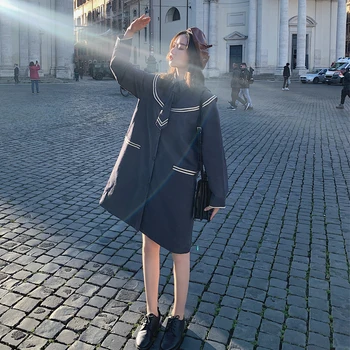 

2020 Spring And Autumn New College Wind Japanese Navy Collar Dress Fashion Casual Big Pocket Top Jacket Navy Blue S-XL