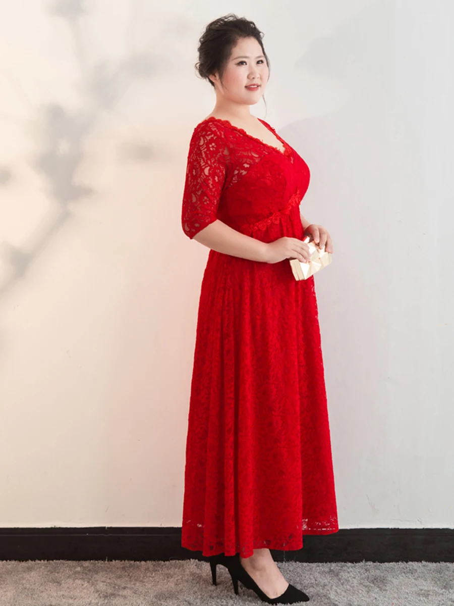 Вечернее платье длиной до щиколотки, рукав до локтя, Robe De Soiree, v-образный вырез, размера плюс, женские вечерние платья, кружевное элегантное вечернее платье T139