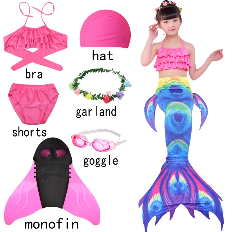 Цветной купальный костюм Русалочки с бюстгальтером для девочек, детский купальный костюм с хвостом Русалочки Ариэль, купальный костюм - Цвет: 7pcs with monofin-A1