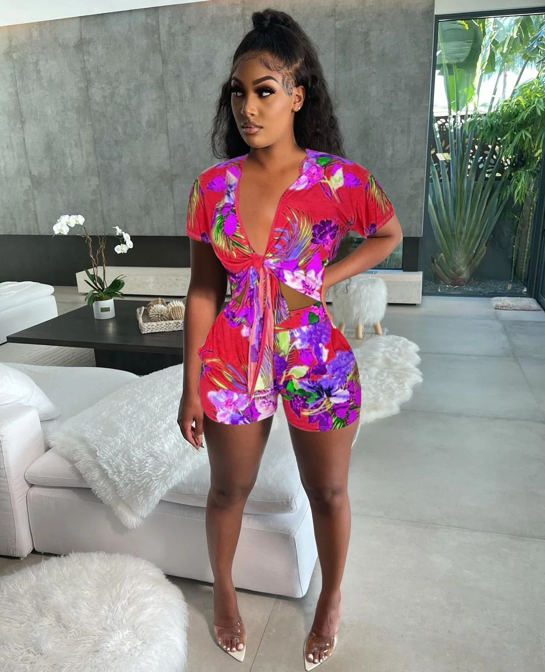 Women's Summer Print Jumpsuit Short Pants Casual Slim Bandage Beach Rompers Bodysuit Sexy Playsuit Lapel Fashion Holiday Style