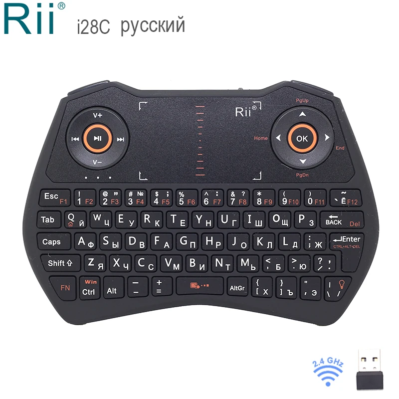 Rii i28C с подсветкой Русский Английский 2,4 ГГц Мини Беспроводная клавиатура Air mouse с портативной сенсорной панелью для Android tv Box IP tv Mini PC