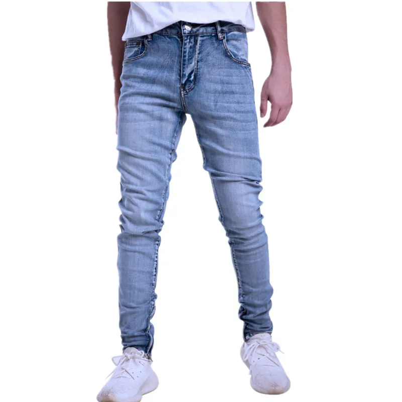 

New Streetwear Hiphop Personality Men Jeans Side Zipper Fashion Male Destroyed Skinny Stretchy Denim Pants