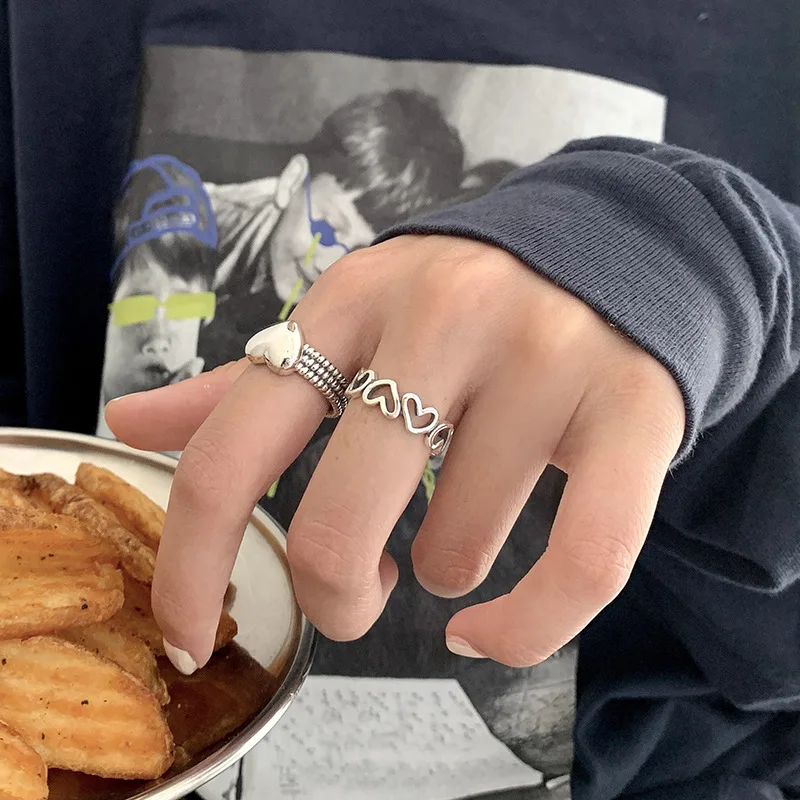 Silberner Herzring Für Damen, Retro Ring Mit Geometrischen Formen_voghion.com