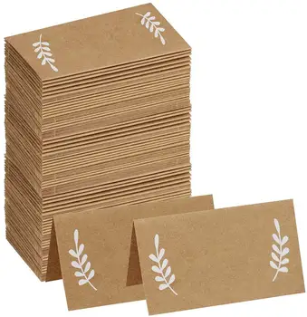 

100 Pcs Place Cards with White Laurel Leaves Kraft Paper Rustic Wedding Number Blank Tent Seating Buffet Table Name Cards