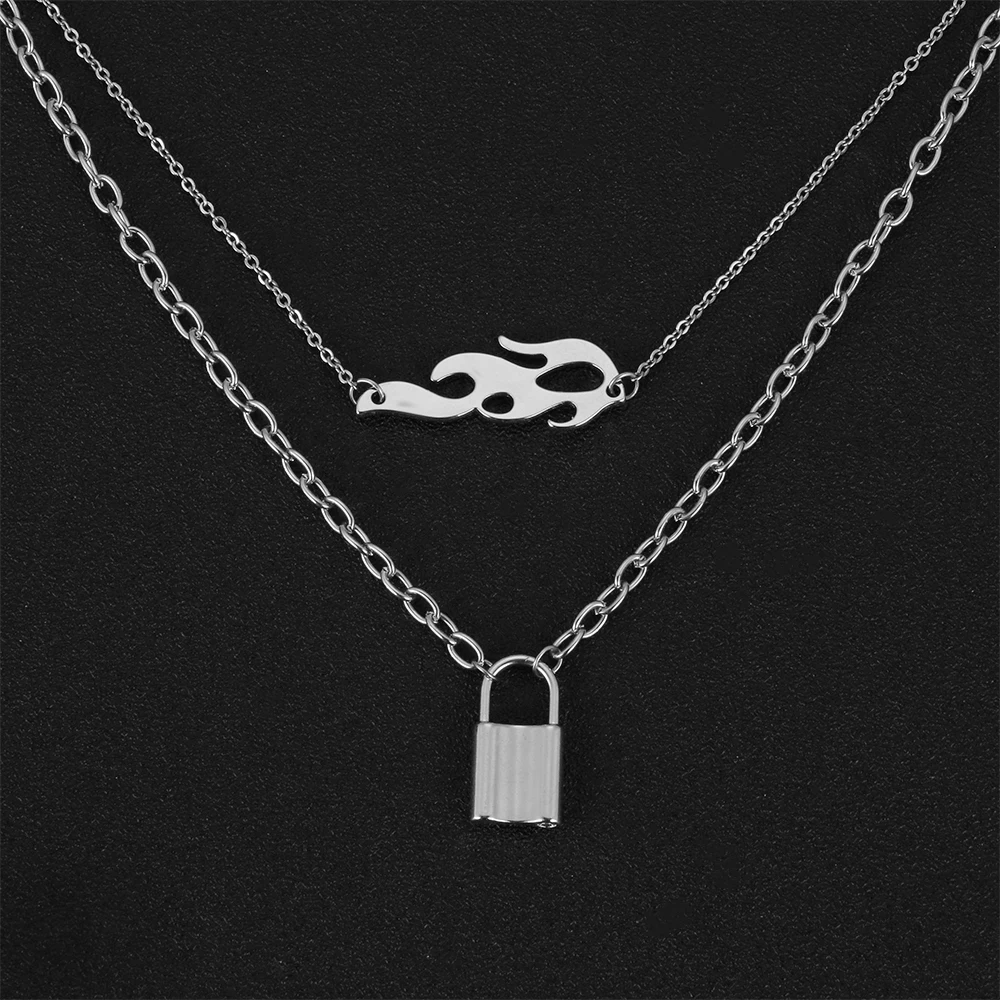 

1Pc/Pair Punk Padlock Flame Necklace&Earrings&Bracelet Unisex Fire Wave Sun Jewelry Hip Hop Rock Streetwear Fashion Accessories