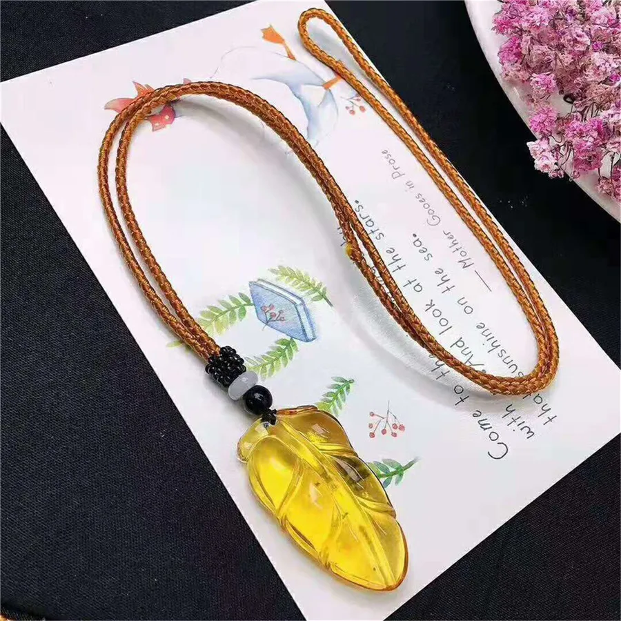 Натуральный Желтый Янтарный кулон целебный прозрачный в форме листа бисера Янтарное ожерелье с подвеской