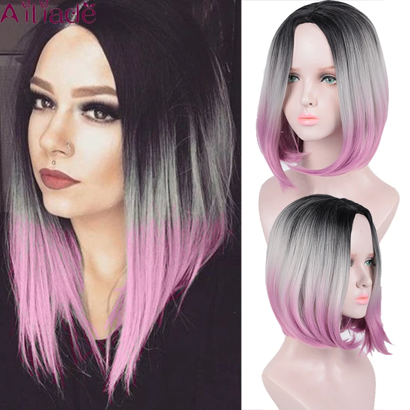 AILIADE Ombre парики для женщин синтетические короткие волосы темно корень розовые
