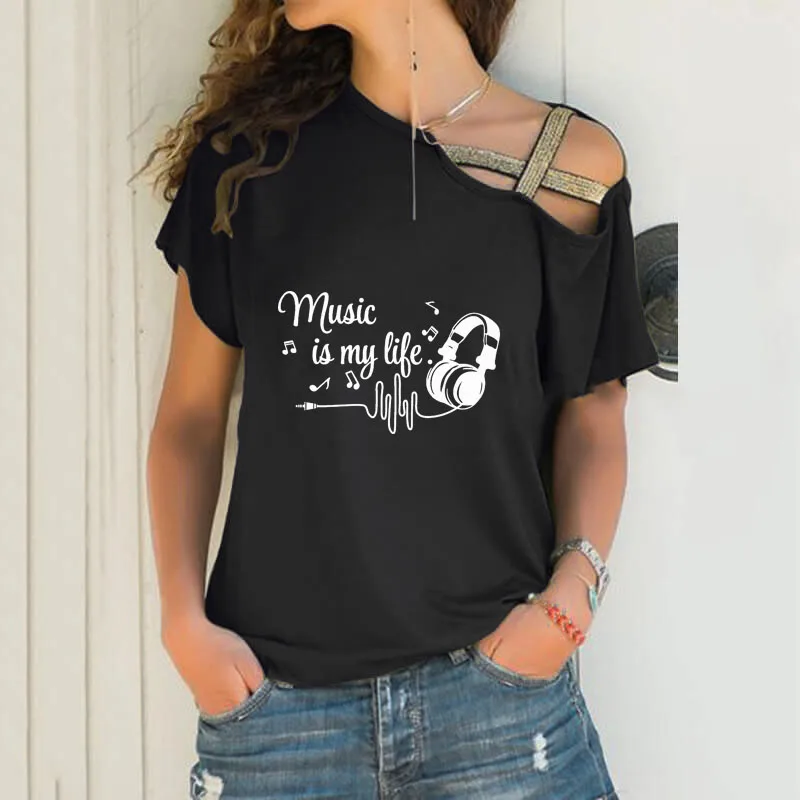 Новая свободная Асимметричная футболка с надписью на наушниках Music Is My Life женские