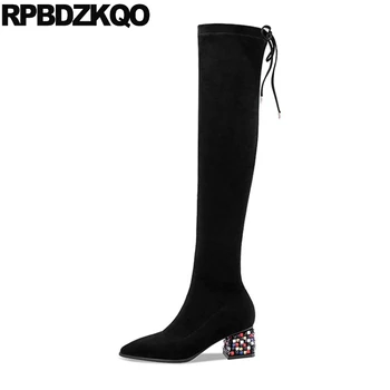 

high heel lace up pointed toe chunky suede over the knee black ladies 10 thigh boots for plus size women 2019 shoes new block