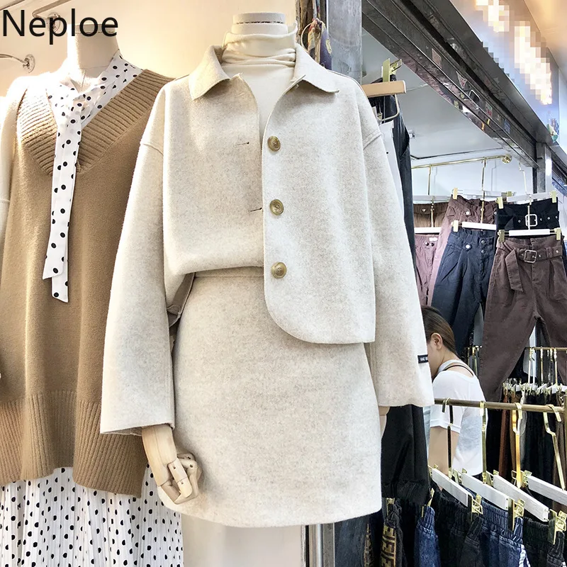 Neploe осень комплект из двух предметов Для женщин в Корейском стиле; короткие куртки на пуговицах+ Высокая Талия Повседневная юбка однотонные конъюнкт де Mujer; Сезон Зима; 46195
