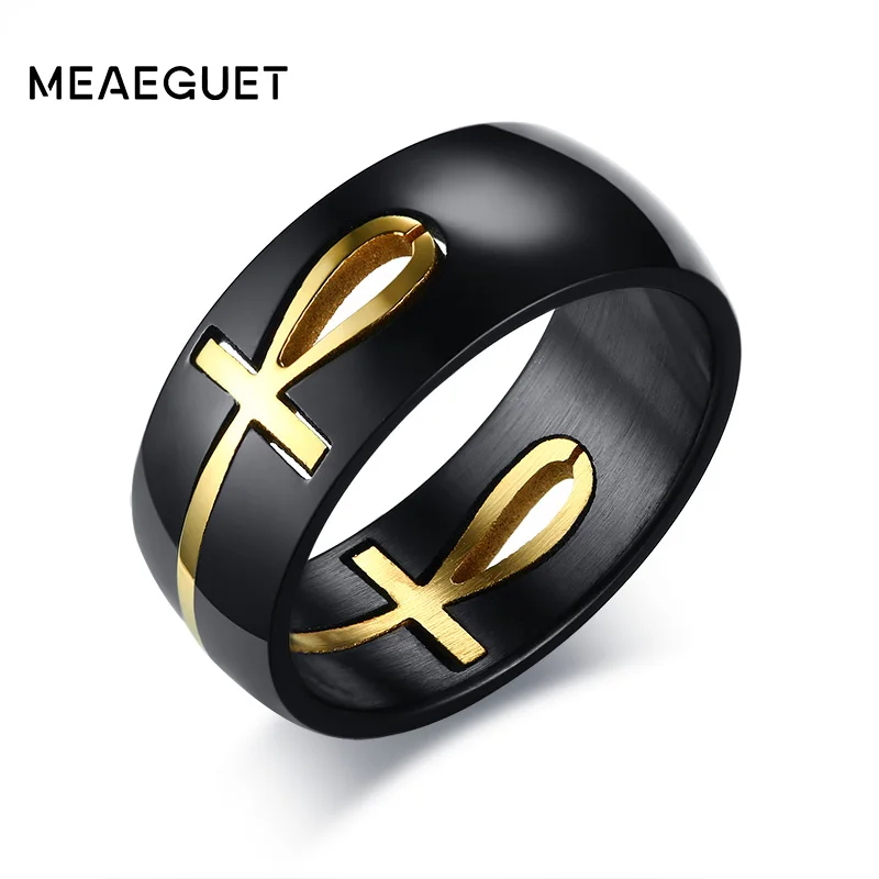 Anillo Cruz Egipcia Ankh separables Personalizado Negro Oro Acero Inoxidable para Hombre