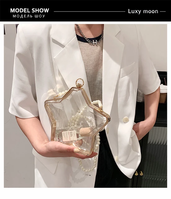 Transparent Bag for Women Star Box Shape Luxury Handbag Summer Fashion  Clear Purse Pearl Chain Shoulder Beach Bag Crossbody Z116
