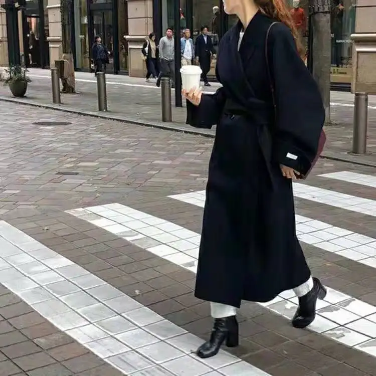 Новое корейское Женское шерстяное пальто x-Long ручная работа двухстороннее шерстяное пальто с поясом для женщин