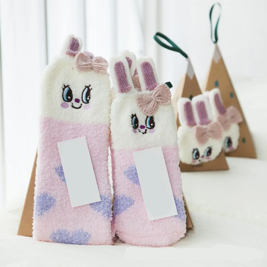 Rabbit Милые Рождественские Носки с рисунком оленя в виде животных, подарок, объемные пушистые коралловые бархатные толстые теплые зимние носки для женщин, подарок на год, носки с коробкой - Цвет: Rabbit
