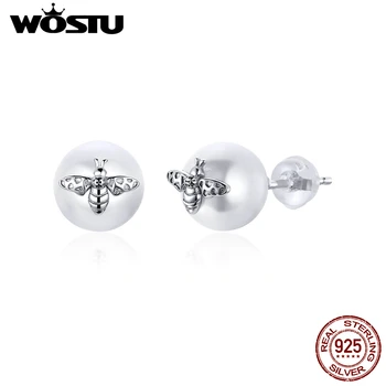 

WOSTU Real 925 Sterling Silver Little Bee Pearl Stud Earrings For Women Small Earrings Wedding Fashion Elegant Jewelry CTE336
