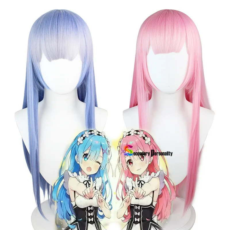 

Anime Re:Life In A Different World From Zero Ram Rem long Blue Pink Wig Cosplay Costume Prop 80CM