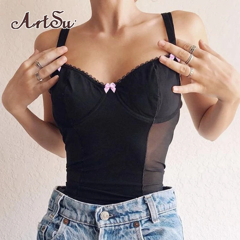 ArtSu Women Mesh Sexy Black Vest Striped Bodycon Hollow Out Street Tank Top Female Cute Tops Shirts Clothings 61271 |