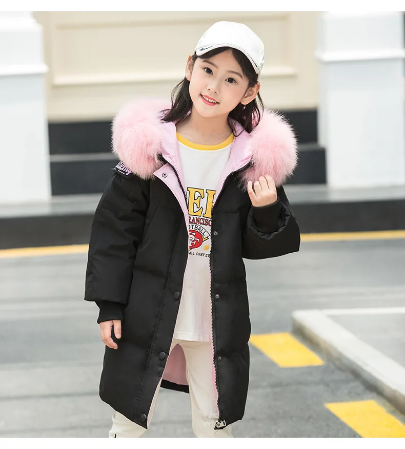 Зимние куртки на утином пуху для девочек, детская утепленная теплая верхняя одежда, пальто-25 градусов, большой меховой пуховик с капюшоном