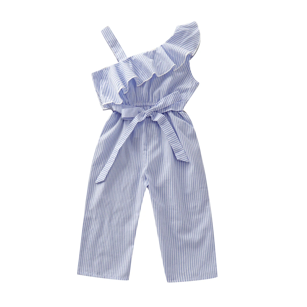 Детский комбинезон для маленьких девочек; синий полосатый, Полосатый цельный комбинезон с оборками на одно плечо; комбинезон с бантиком; летняя одежда