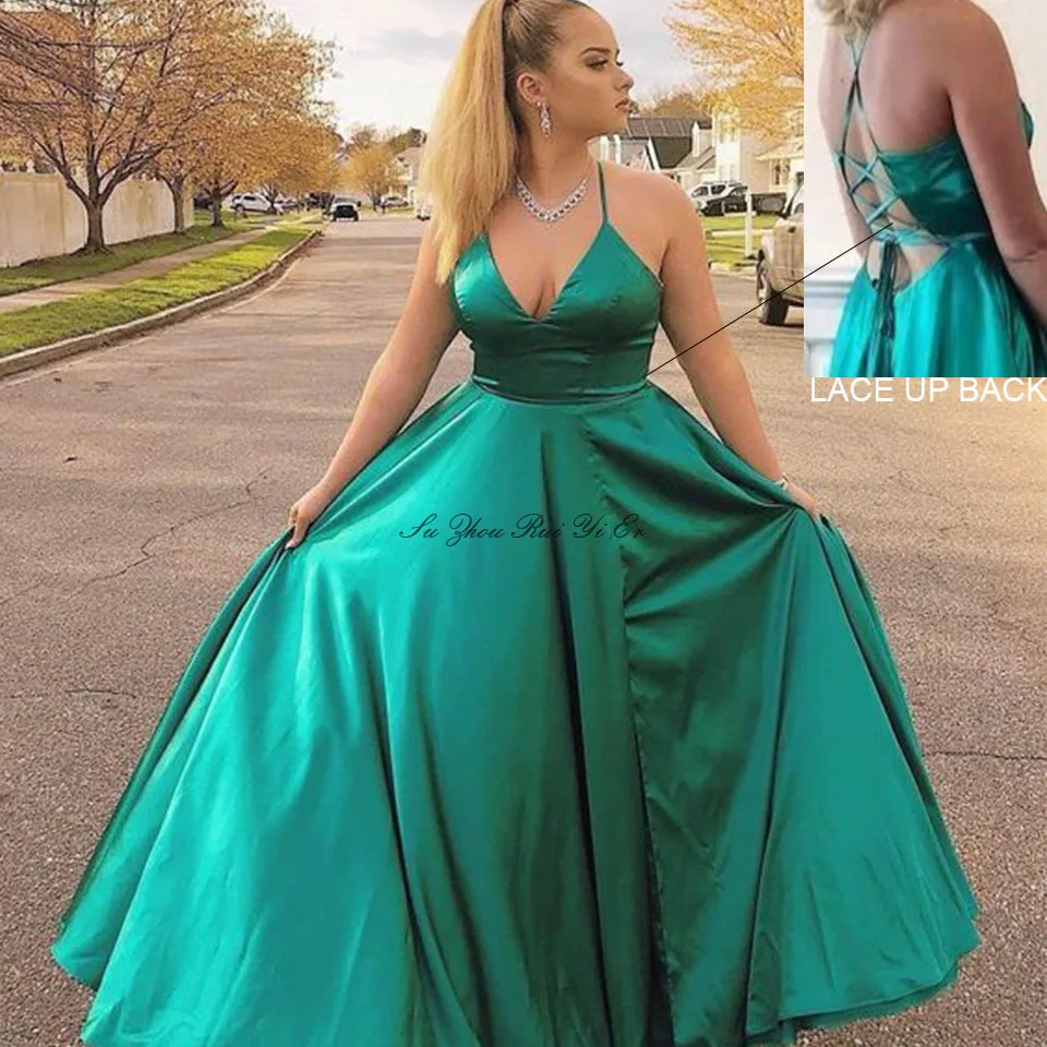 Vestidos De Gala v-образным вырезом размера плюс платья выпускного вечера атласные A-Line платье выпускного вечера Спагетти ремень корсет обратно формальное платье vestido de festa