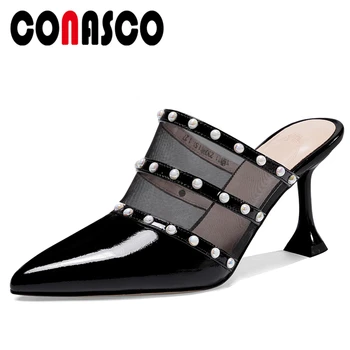 

CONASCO Summer New Women Sandals Slippers Pumps Mules Fashion Sexy Genuine Leather Mesh Pearl Decoration High Heels Shoes Woman