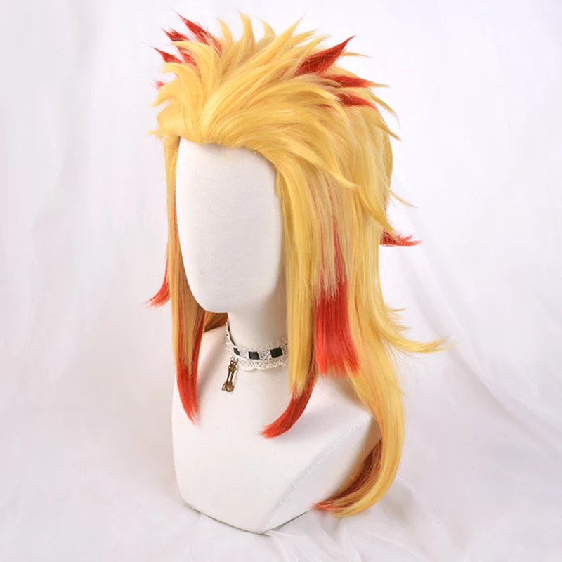 Anime Demon Slayer Rengoku Kyoujurou Blonde Ombre Wig Cosplay Costume Men Women Heat Resistant Pontail Hair Wigs + Wig Cap anime dress