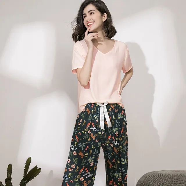 Breathable 2PCS Pajama Short Sleeve Printed Pijama Mujer Femme Loose Nightwear Suit Female Casual Homewear Pajama Set For Women U