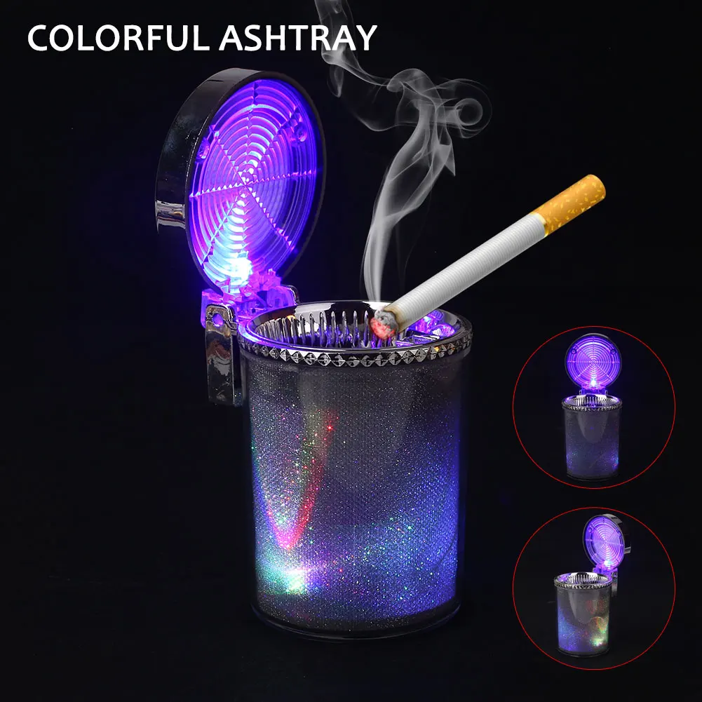 Smoke Ashtray Rainbow Light Accessories Gadget Car Office Decor Stainless Steel Glitter Automobile Home Gift Cigarette Ashtray