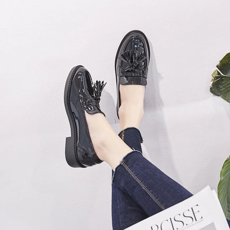 

Shoes Woman 2019 British Style Autumn Black Flats Round Toe Oxfords Women's Casual Female Sneakers Slip-on Fringe Loafers