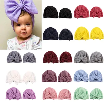 

Big Bow Mom and Baby Turban Set Solid Color Spring Summber Newborn Baby Hat Mommy and Me Matching Caps
