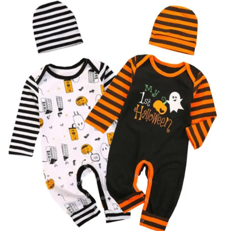 

2Pcs Baby Halloween Outfit, Cartoon Ghost Stripe Long Sleeves Romper + Hat for Toddler Girls, Boys, 0-24 Months