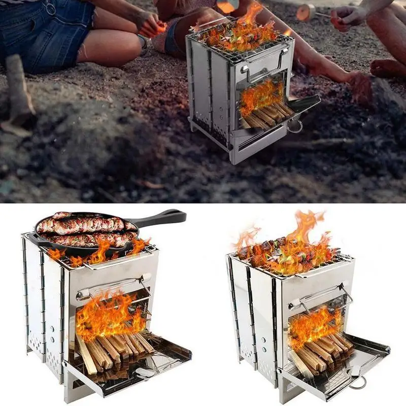 Folding Stainless Steel Backpacking Wood Burning Stove Mini BBQ Grill with D6F5