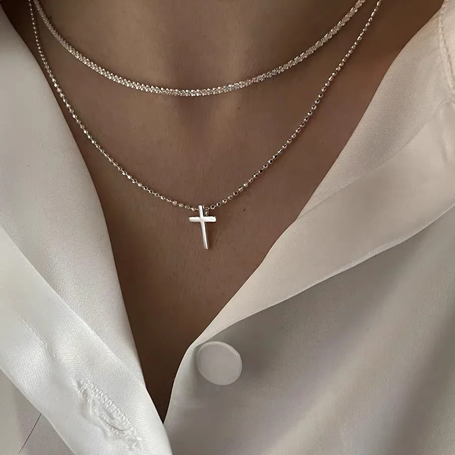 Sparkling Cross Pendant Bead Chain Necklace Female Choker Online Celebrity Clavicle Chain Simple Ins Necklace for Women