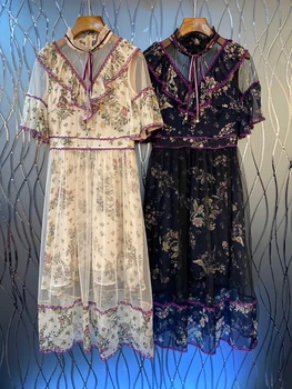 

2020 Early Spring New Women's Neckline Lace Color Trim Lotus Leaf Print Short-Sleeve Perspective Dress 408