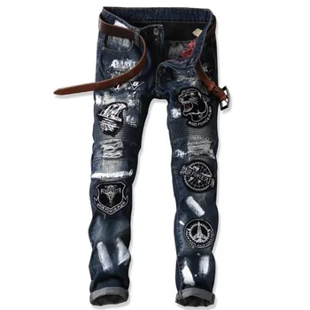 

Hip Hop Mens Jeans Patchwork Badge Fantastic Style Creative Pattern Biker Punk Causal Distressed Striking Luxury Clothing
