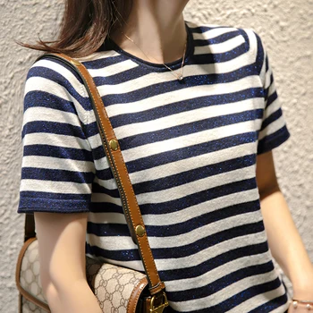 

Striped thin short-sleeved bright silk shirt knitted T-shirt female summer glitter silk short-sleeved t-shirt