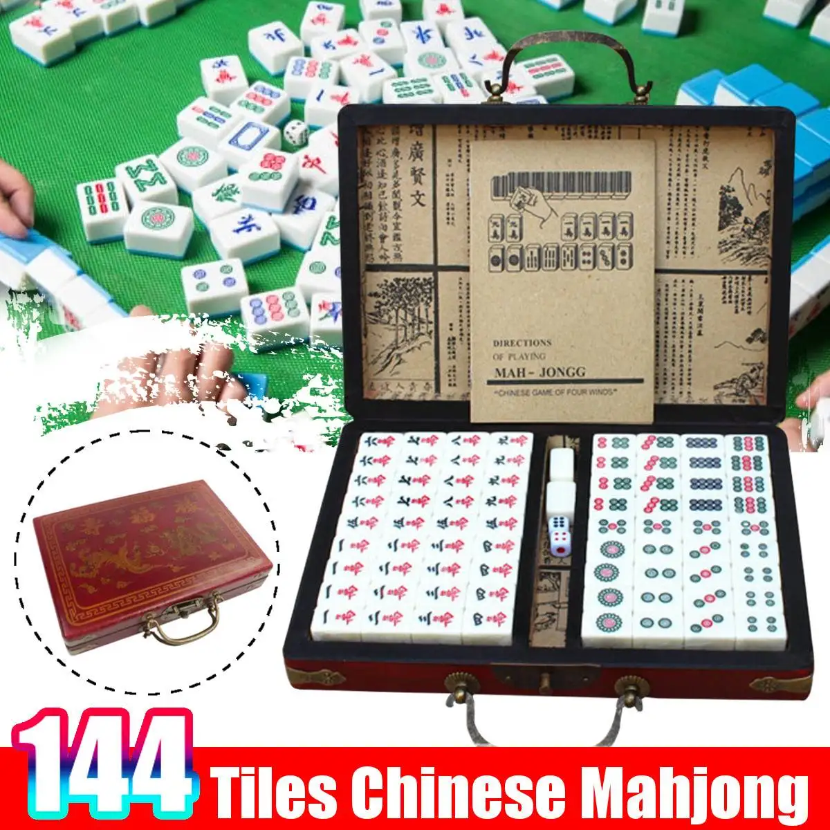 AEROBATICS　144 PCS Mahjong Traditionnel avec étui Portable de Voyage ， Mah-jongg avec boîte en Cuir archaïque et Manuel en Anglais modèle aléatoire de Livraison de boîte 
