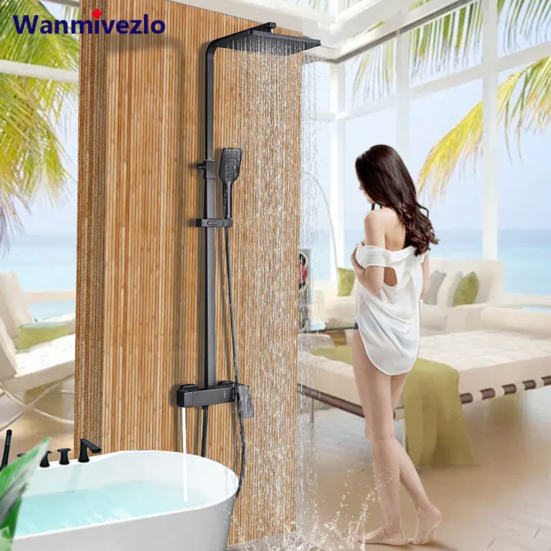 

Black Shower Faucets Set Rainfall Shower Head Handshower Single Handle Mixer Tap Bath Shower Faucet Rotate Bathtub Tap