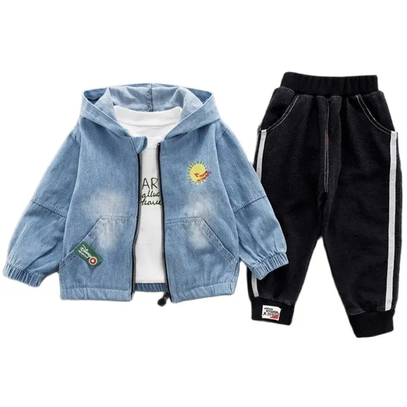 

3Pcs Autumn Children Suits Cotton Clothes Boys Girls Hooded Denim Coat Jacket+ T-Shirt Pants Sets Toddler Kids Outfit 1-4y