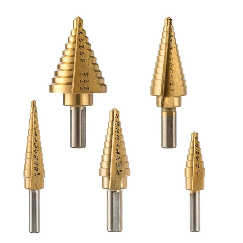 BMBY-5Pcs набор титановых ступенчатых Сверл с автоматическим центральным ударом, 50 размеров в 5 стальных сверлах для листового металла с алюминиевым покрытием