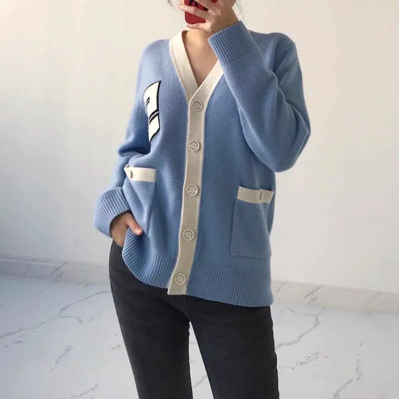 

New Letter Knitted Cardigan Blue Single Breasted Knitted Sweater Knitwear Jacket