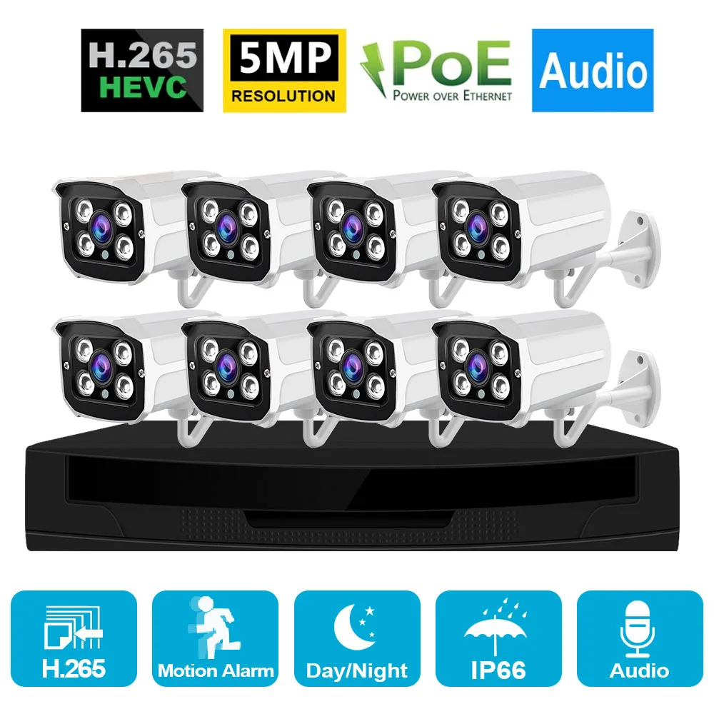 H.265 8CH 5MP POE Kit de sistema de seguridad CCTV al aire libre 1080P impermeable NVR P2P IP Cam H