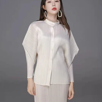

MIYAKE Pleated top Basic Pleated Tops stand collar single-breasted solid color profile bubble sleeve shirt female free ship