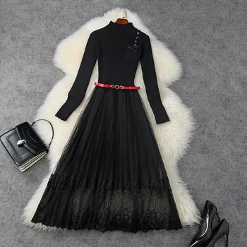 

Black Pleated Dress Woman Autumn Winter 2020 New Stand Collar Long Sleeved Knitted Patchwork Mesh Lace Women's Clothing S-XL
