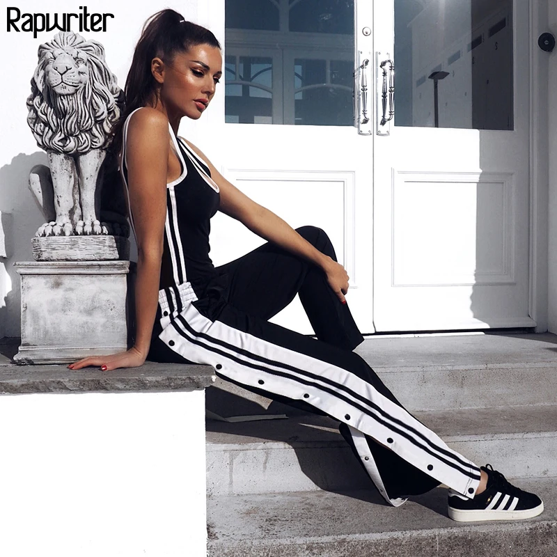 Rapwriter Streetwear Panelled Side Striped Button Straight Pant Women Stretch High Waist Trousers Long Pant Capris Pocket