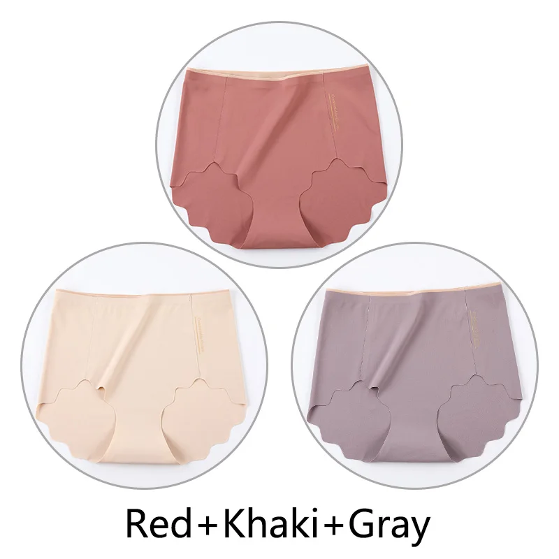 Red Khaki Gray 3 шт Бесшовные трусы женские с высокой талией сексуальные трусики L-XXL белье большого размера мягкий Ультратонкий дышащий Женский нижнее белье - Цвет: Red Khaki Gray