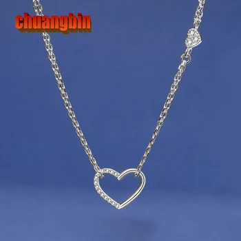 

100% genuine S925 sterling silver simple hollow heart exquisite zircon pendant necklace short clavicle chain