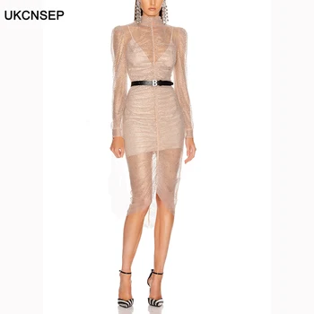 

UKCNSEP 2020 New Arrival Women Sexy Long Sleeve Vestidos Runway Evening Party Dress Summer Sequins Two Piece Sets Bandage Dress